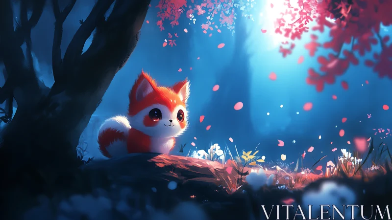 Cute red fox creature in glowing blue forest clearing.
