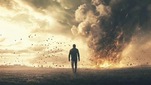 Lone figure strides toward fiery storm in apocalyptic sky.