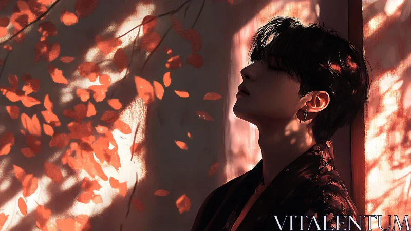 Soft autumn light cradles a quiet soul in gentle shadow.