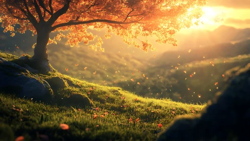 Tree crowns grassy hillside while sunset backlight shapes valley