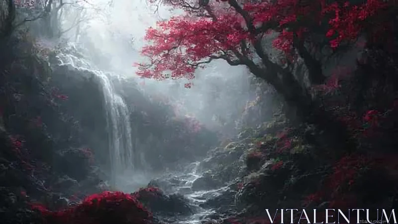 Misted ravine waterfall framed by high-contrast crimson foliage