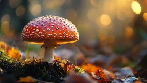 Forest lantern mushroom hums softly in molten autumn light