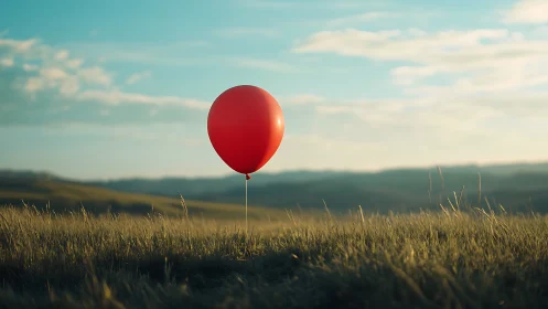 Red balloon drifts above sunlit meadow at golden hour.