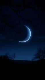 Luminous crescent moon over silhouetted winter treeline at dusk