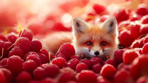 Curious fox cub nestled in sunlit bed of ripe raspberries.