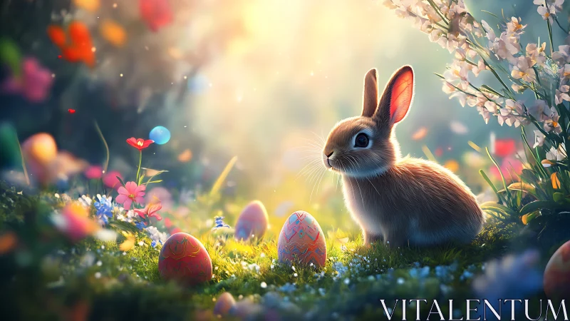 Rabbit sits among decorated Easter eggs in bright meadow