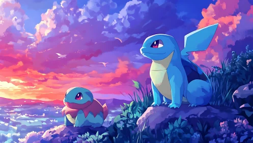 Squirtle pair overlooking coastal sunset landscape.