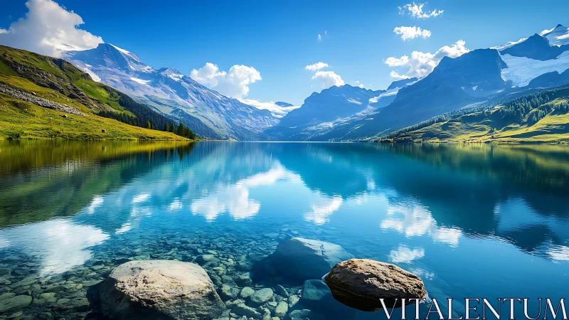 Mountain lake with clear water reflecting peaks and sky.