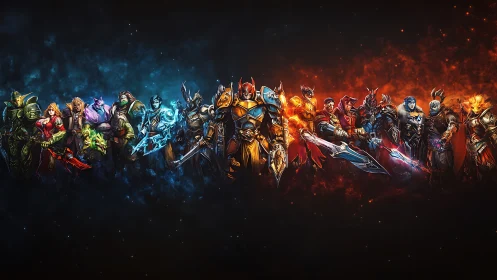 Epic fantasy heroes stand united between ice and fire