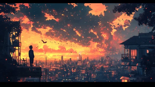 Solitary figure watches a blazing city sunset ignite sky.