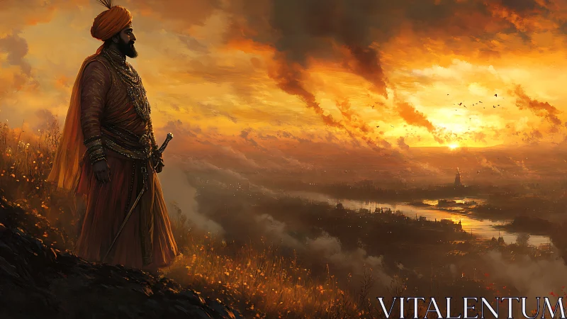 Turbaned figure surveys river valley under dense sunset sky