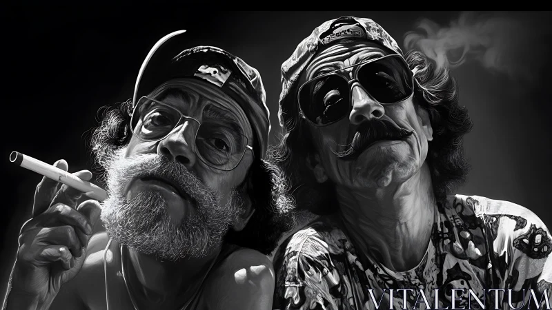 Two stylized men in caps and sunglasses smoking calmly.