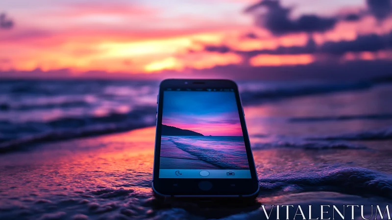 Smartphone captures saturated sunset shoreline with mirrored gradient