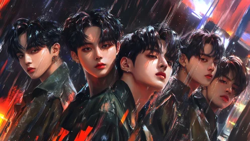 Neon storm of mirrored boys in motion and quiet fire.