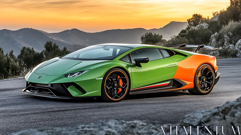 Tri-tone Lamborghini Huracán supercar under sunset sky.