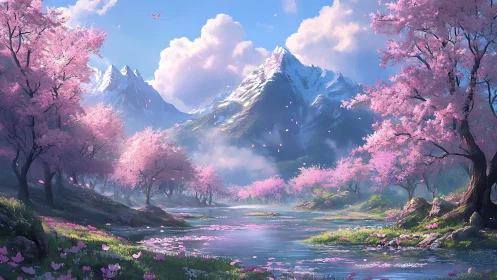 Petal-bright river drifts beneath watchful sapphire mountains