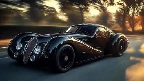 Sleek vintage dream car gliding through golden sunset roads.