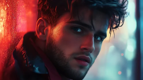 Moody neon-lit male portrait with cinematic shallow depth of field