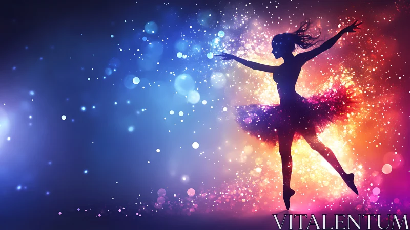 Silhouetted ballerina pivots through luminous bokeh particle field