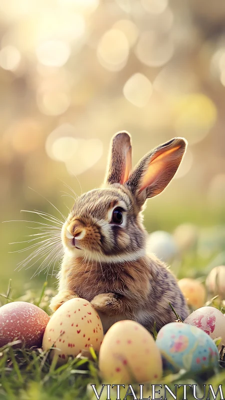Curious springtime bunny nestled among pastel eggs.