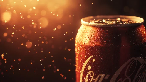 Backlit soda can rendered with warm bokeh and condensation
