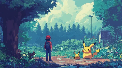 Trainer and Pikachu encounter in pixelated forest wilderness