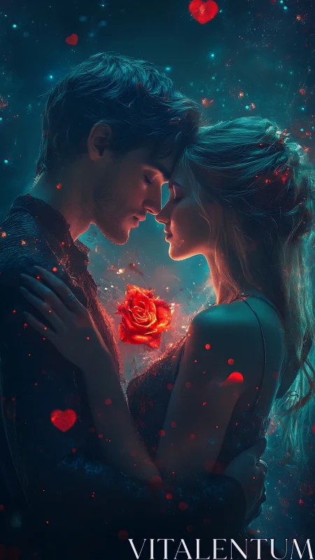 Luminous Romance: Digital Couple Portrait with Glowing Rose and Particle Effects