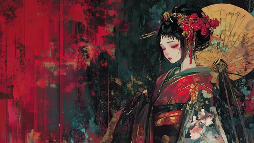 Digital painting portrait of geisha amid abstract crimson field.