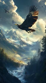 Majestic eagle soaring above dramatic alpine waterfall.