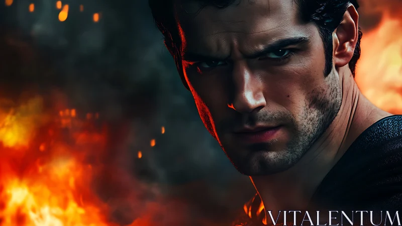 Intense superhero portrait in cinematic firelit close-up.