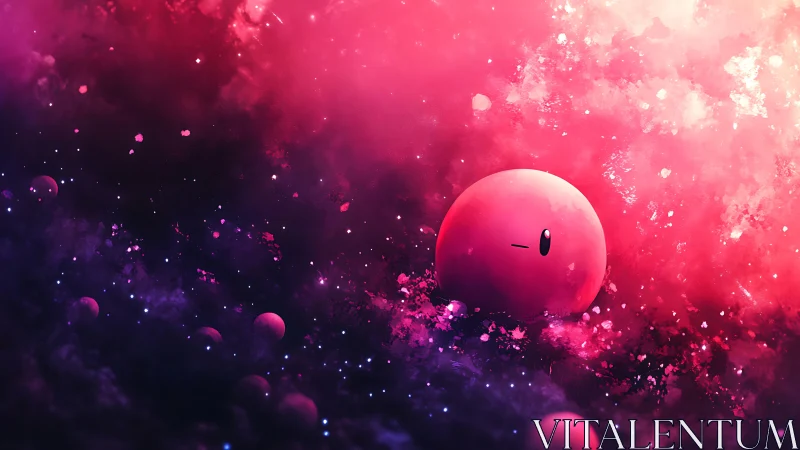 Cosmic pink orb character adrift in glowing nebula.