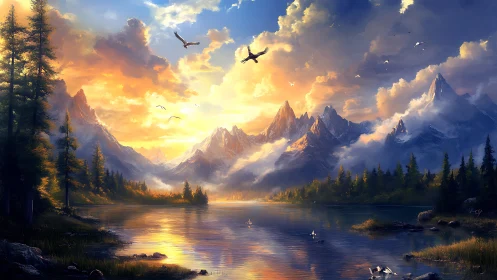 Sky-burnished peaks and river-mirrored dawn chorus of wings.