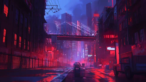 Neon soaked cyberpunk street frames bridge and distant skyline