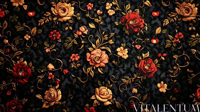 Vintage floral tapestry pattern with ornate red roses.