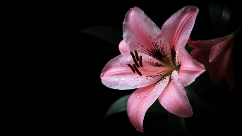 Pink Lily with Dew Drops on Black Background.