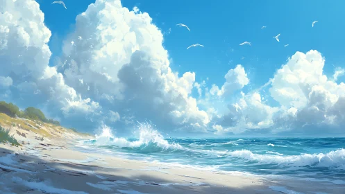 Sunlit shoreline meets towering clouds in tranquil seascape.