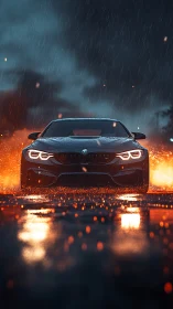 Sport coupe in rain storm with fiery reflections at night.