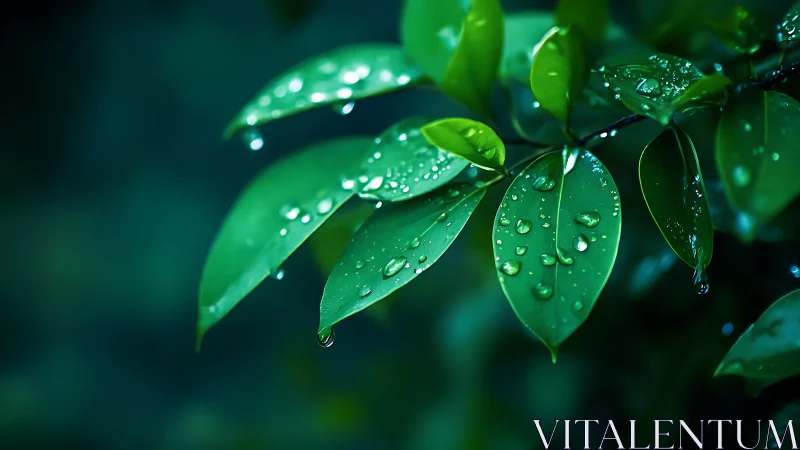 Green leaves with raindrops in close-up macro view.