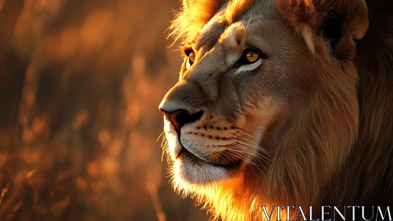 Golden hour lion portrait with dramatic side lighting.