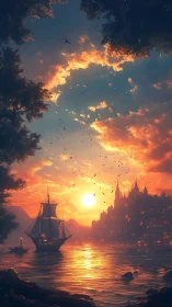 Golden harbor sunset with wandering ship and glowing city.