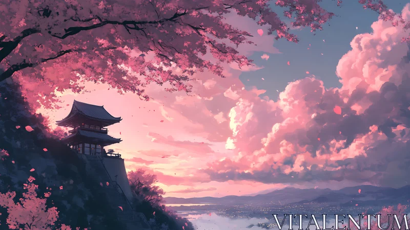 Sunset temple overlooks a glowing valley beneath cherry blossoms