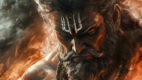 Inferno-eyed ascetic glares through swirling mythic embers