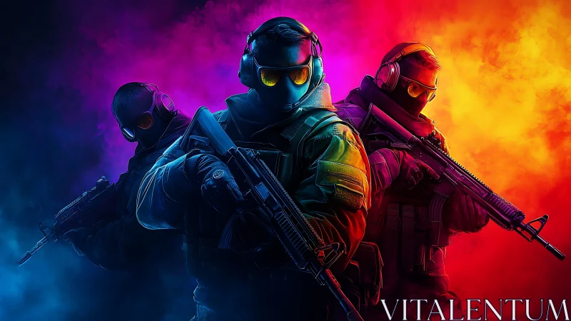 Vibrant tactical squad poised in bold neon battlefield glow.
