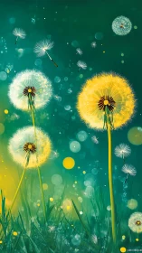 Dandelion seed heads in teal field with floating seeds.