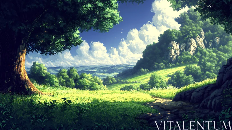 Sunlit Valley: Where Ancient Trees Frame Endless Horizons.
