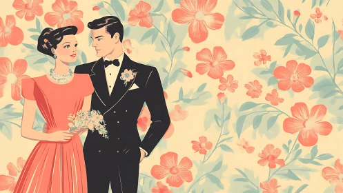 Retro lovers bloom amid coral blossoms and mint leaves.