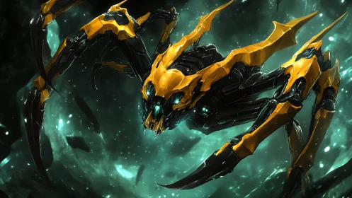 Cybernetic arachnid drone lunges through shattered nebula field