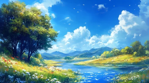 Digital landscape of river, meadow, distant hills, and clouds.