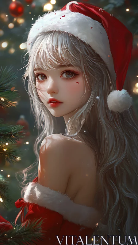 Female figure in Santa outfit stands before lit tree