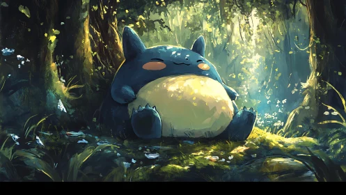 Blue creature resting in sunlit forest clearing environment.